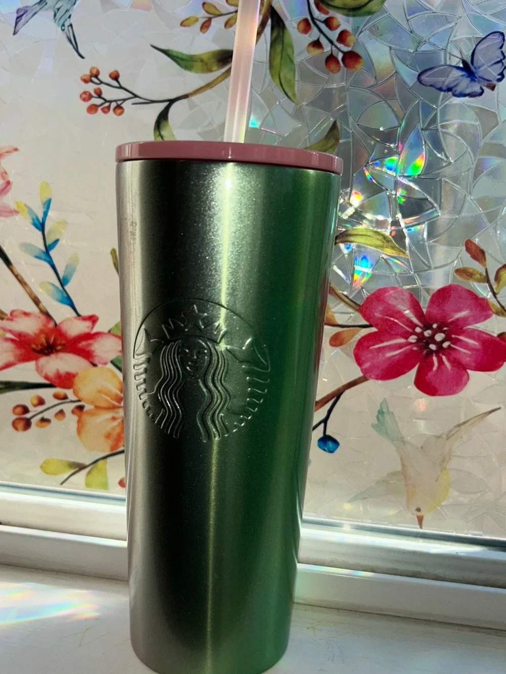 Starbucks Metallic Green Tumbler with Iridescent Pink Base